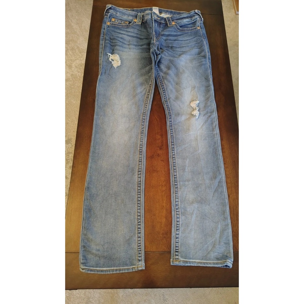True Religion Slim Straight Distressed Blue Jeans Womens 29 Horseshoe Pocket